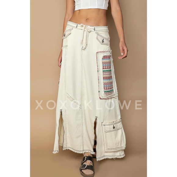 POL Retro Y2K Patchwork Denim Cargo Maxi Skirt A Line - Picture 3 of 12